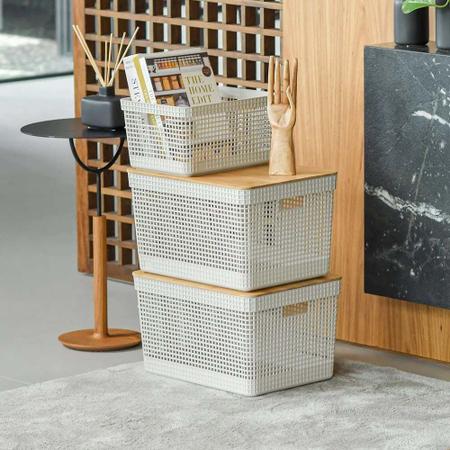 Cesto Grid com Tampa de Bambu 20L Chumbo Ou Imagem de Cesto Grid com Tampa de Bambu 20L Chumbo Ou