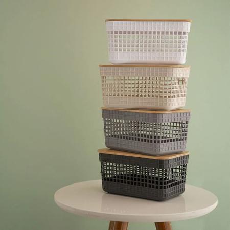 Cesto Grid com Tampa de Bambu 2,5L Bege Ou Imagem de Cesto Grid com Tampa de Bambu 2,5L Bege Ou