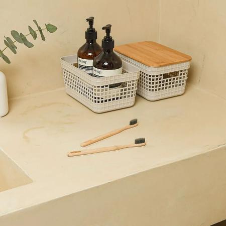 Cesto Grid com Tampa de Bambu 2,5L Bege Ou Imagem de Cesto Grid com Tampa de Bambu 2,5L Bege Ou