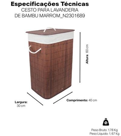 Imagem de Cesto Roupa Suja Bambu Bambu Retangular Lavanderia Brinquedo Quarto Banheiro Dobrável Marrom 65 L