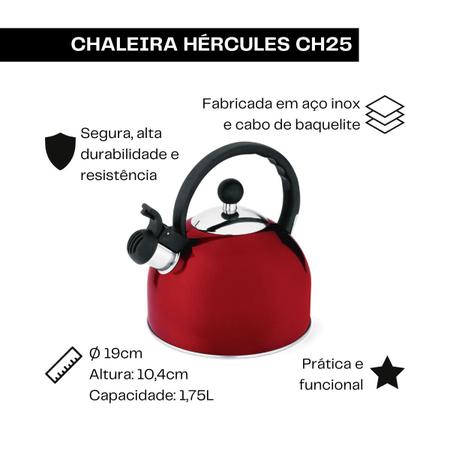 Imagem de Chaleira apito fixo vermelha 1,75l hercules