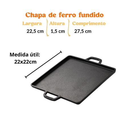 Imagem de Chapa de Ferro Fundido Petisqueira para Porções 22x22 com Suporte de Madeira e 2 molheiras de ferro