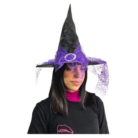 Chapéu De Bruxa Luxo Com Renda e Fivela Preto Halloween