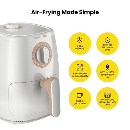 Imagem de Chefman TurboFry 2-Quart Air Fryer, Lava-louças Cesta e Bandeja Seguras, Use pouco ou nenhum óleo para alimentos saudáveis, Temporizador de 60 minutos, frite refeições mais saudáveis rapidamente, luz indicadora de calor e energia, controle de temper