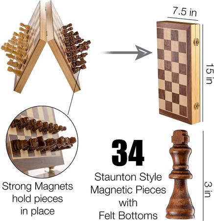 Jogo dobrável de xadrez e damas em madeira de 15 peças Staunton com caixa