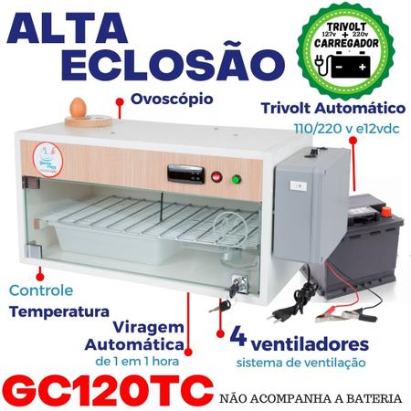 Imagem de Chocadeira Elétrica ALTA ECLOSÃO Automática Trivolt com 4 ventiladores e carregador embutido 120 ovos com ovoscópio