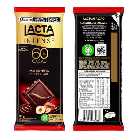 Imagem de Chocolate Lacta Intense 60% Cacau Mix Nuts 85g Embalagem com 17 Unidades