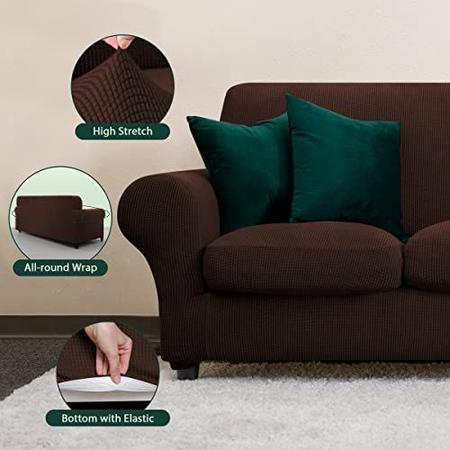 Imagem de CHUN YI 3 Peças Alongamento Loveseat Sofá Cover para Sofá de 2 lugares, Sofá Slipcover Lavável e Macio com 2 Capas de Almofada de Assento Separadas para Cães, Verifica Tecido Jacquard Spandex, Médio, Chocolate