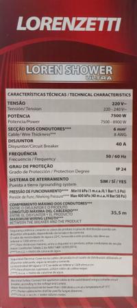 Chuveiro Ducha Loren Shower Ultra Eletrônica 7500w Lorenzet - LCG