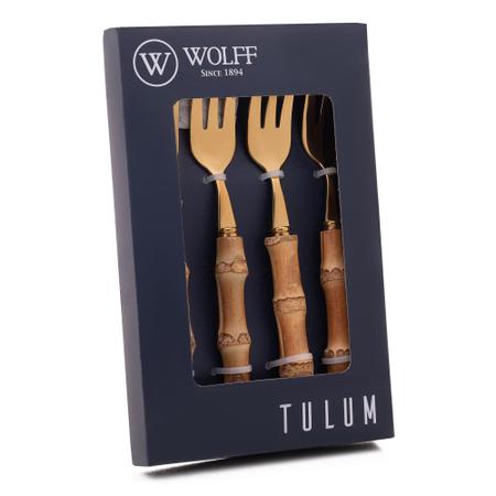 Cj 4 Garfos de Bolo de Aco Inox C/cabo em Bambu Tulum Dourado 16cm