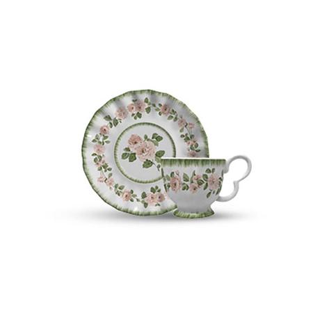 Imagem de Cj.6 Xícaras Chá com Pires Cerâmica Rosier Verde/Rosa 215ml - Scalla