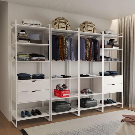 Imagem de Closet Industrial Casal Completo Loft Branco 4 Módulos Cabideiro com Gavetas Ferro Branco