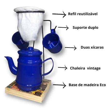 Imagem de Coador Café Goumert Com Bule E Xicara Azul Metalico Bule 400ml
