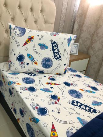 Imagem de Coberdrom Infantil Dupla Face + Lençol 2 Peças Astronauta Infantil Quarto