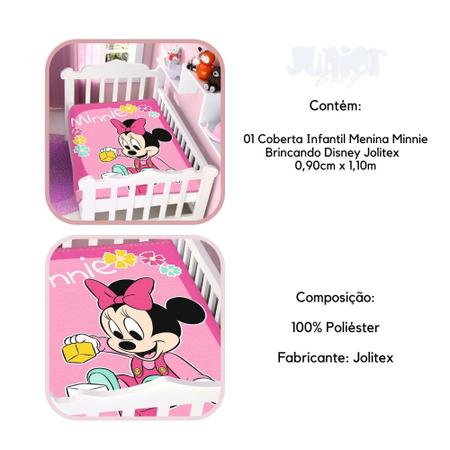 Imagem de Cobertor Infantil Feminino Minnie Brincando Berço Cama Manta Bebê Menina Antialérgico Disney Jolitex