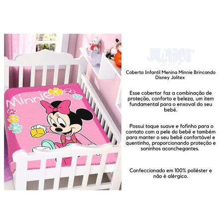 Imagem de Cobertor Infantil Feminino Minnie Brincando Berço Cama Manta Bebê Menina Antialérgico Disney Jolitex