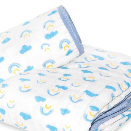 Imagem de Cobertor Manta Dupla Face Bebê Hipoalergênico de Fralda Soft Premium Arco-Íris Azul - Teciclean Baby