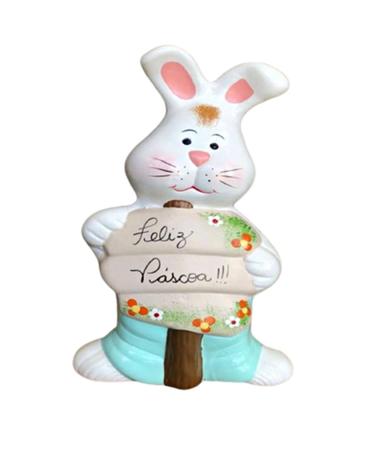 Coelho de Ceramica Enfeite Decorativo de Pascoa com Frase e Calça Verde - HP Decor Imagem de Coelho de Ceramica Enfeite Decorativo de Pascoa com Frase e Calça Verde - HP Decor