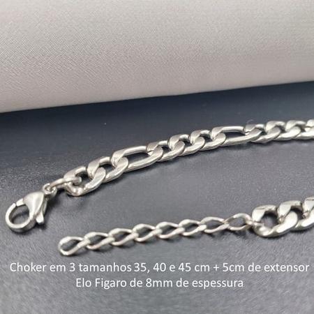 Imagem de Colar Choker Elo Figaro 8 Mm Gargantilha Prata Aço Inox