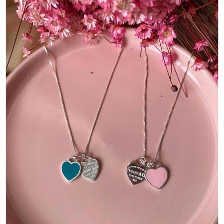 Imagem de Colar Clássico Tiffany Duplo Coração Azul Rosa Folheado Prata 925 Pingente Feminino