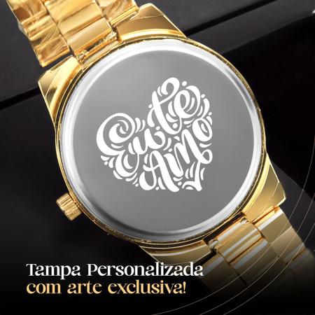 Imagem de Colar Coração Strass + Relógio Feminino Aço Dourado + Caixa