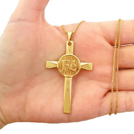 Imagem de Colar Cordão Masculino 70 cm Dourado Pingente Cruz Crucifixo Fé Banhada a Ouro 18 k