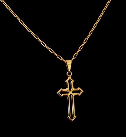 Imagem de Colar Corrente Masculino Aço Inoxidável com Pingente Crucifixo Cruz Placa Pai Nosso Fé Cordão