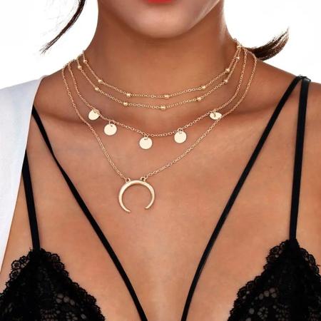 Imagem de Colar Gargantilha Choker Dourada 4 Fios Com Meia Lua