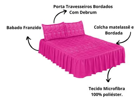 Imagem de Colcha Casal Bordada com Babado e Porta Travesseiros Rosa Pink