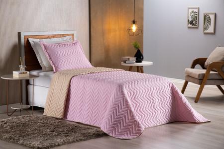 Imagem de Colcha Cobre Leito Cama de Solteiro 2 pç Dupla Face Acolchoado Microfibra Rosa e Bege