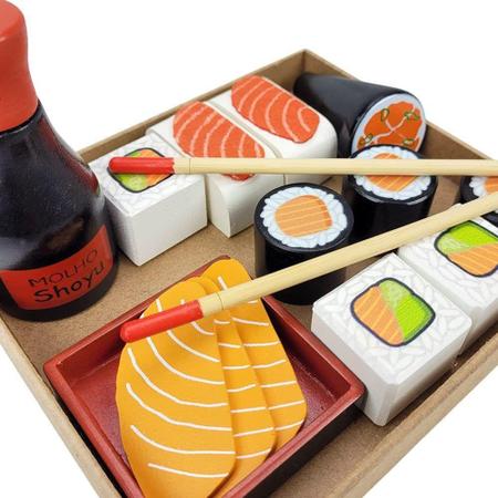 Coleção Comidinhas de Madeira Kit Sushi 16 Peças Brinquedo