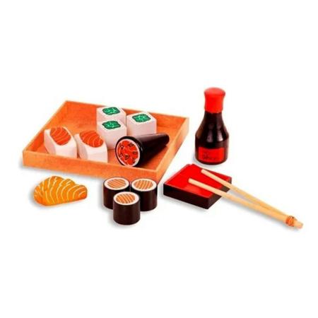 Coleção Comidinhas de Madeira Kit Sushi 16 Peças Brinquedo