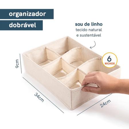 Imagem de Colmeia Organizadora de Linho Off White 6 Divisórias 34X24X9CM