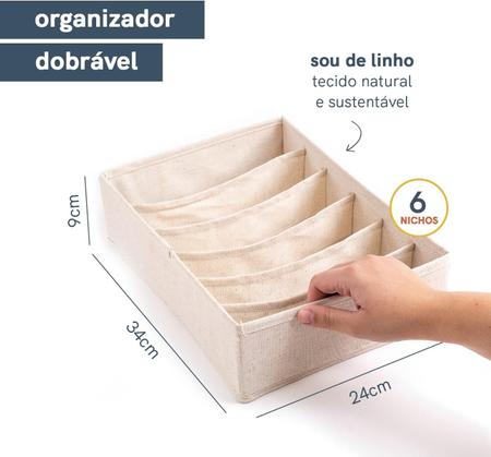 Imagem de Colmeia Organizadora de Linho Off White 6 Divisórias Horizontal 