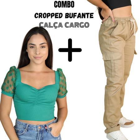 Imagem de Combo 1 Calça Masculina Cargo Boca Larga Com Elástico + 1 Cropped Feminino Manga Bufante Tule Poá Com Bojo