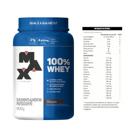 Imagem de Combo 100% Whey 900g, Creatina Monohidratada 100g e Bcaa 60 Cápsulas - Max Titanium