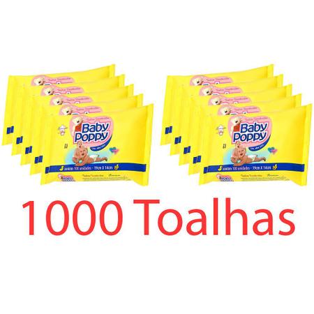 Imagem de combo 10x100 toalhas lenços umedecidos baby poppy premium mais encorpada (total 1000 toalhas)