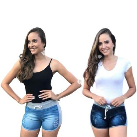 Shorts Jeans Feminino Bolsos Elástico Cintura Alta