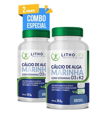 Imagem de COMBO 2 Unidades - Suplemento Cálcio de Alga Marinha Com Vitaminas D3 E K2 - LITHOLIFE