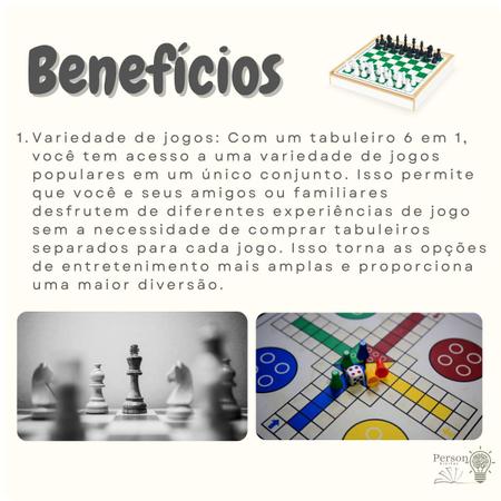 Combo 6 Jogos Tabuleiro 6 em 1 Xadrez Damas Trilha Ludo Pega-Varetas Dominó  Escolar - Person - Jogo de Dominó, Dama e Xadrez - Magazine Luiza