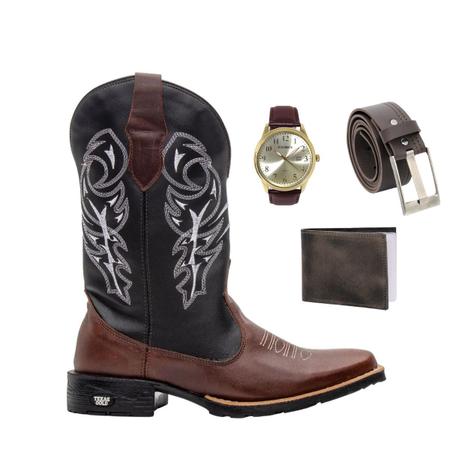 Imagem de Combo Bota Texana Masculina Bico Quadrado Couro Texas Gold Delegada Café com 3 acessorios