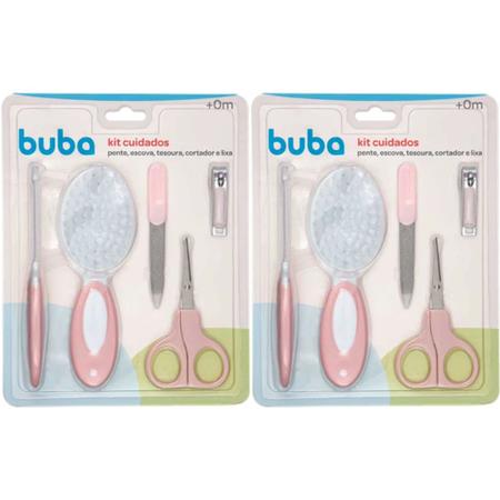 Imagem de Combo com 2 Kits Cuidados e Higiene Bebe Pente Escova e Cortador de Unha Buba Lixa Rosa Buba