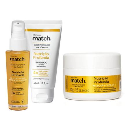 Imagem de Combo Match Nutrição Profunda: Shampoo + Máscara Capilar 70g + Óleo Nutritivo Essencial Capilar 50ml