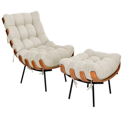 Combo Poltrona Costela e Puff Costela base fixa Madeira - Linho Bege - HOUSE Imagem de Combo Poltrona Costela e Puff Costela base fixa Madeira - Linho Bege