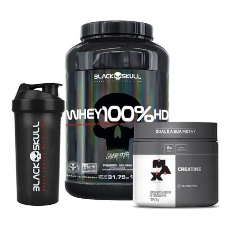 Imagem de Combo Whey 100% HD Pote 900g BlackSkull, Creatina Monohidratada 150g Max Titanium e Coqueteleira