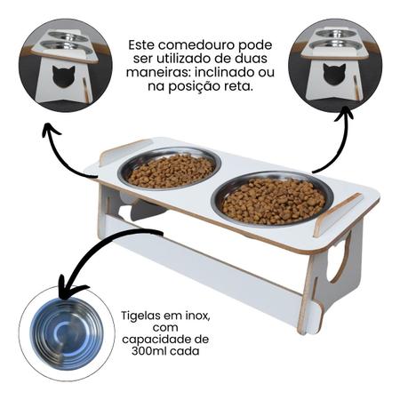 Imagem de Comedouro Bebedouro Gato Elevado Pet Duplo Tigela Ração Inox Saudável Branco