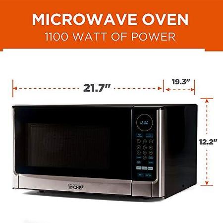 Imagem de Comercial Chef CHM14110S6C Countertop Micro-ondas Forno, 1100 Watts, Tamanho Compacto Pequeno, 10 Níveis de Potência, 6 Predefinições Fáceis de Um Toque com Botão de Pipoca, Mesa Giratória Removível, Fechadura Infantil, Aço Inoxidável