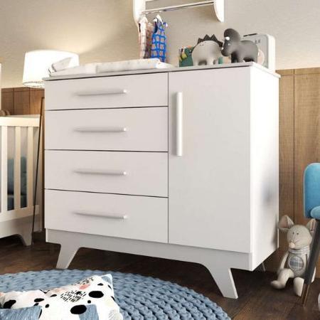 Imagem de Cômoda Infantil 1 Porta 4 Gavetas Retrô Móveis Peroba Branco/Cinza 100%MDF