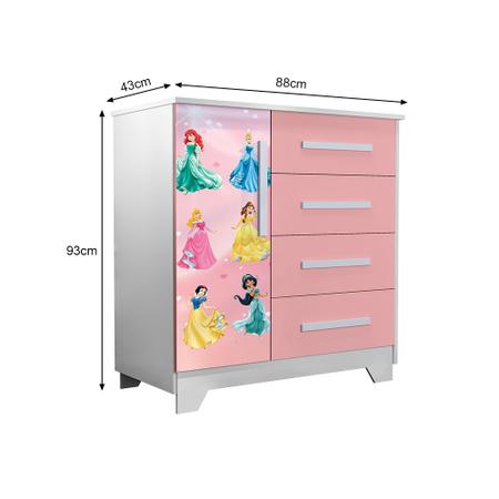 Imagem de Cômoda Infantil Personagens 4 Gavetas 1 Porta Mdf - Rosa