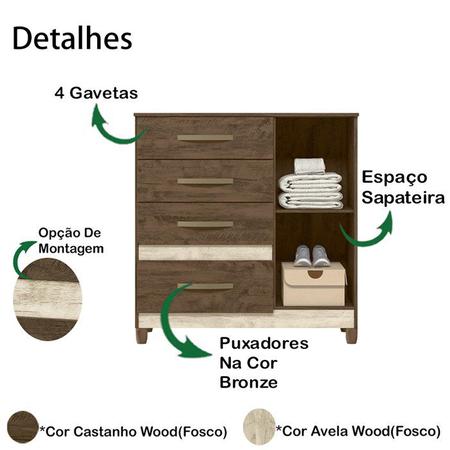 Imagem de Comoda Sapateira Com Pes 4 Gav 7073 Castanho Wood Avela Wood Moval
